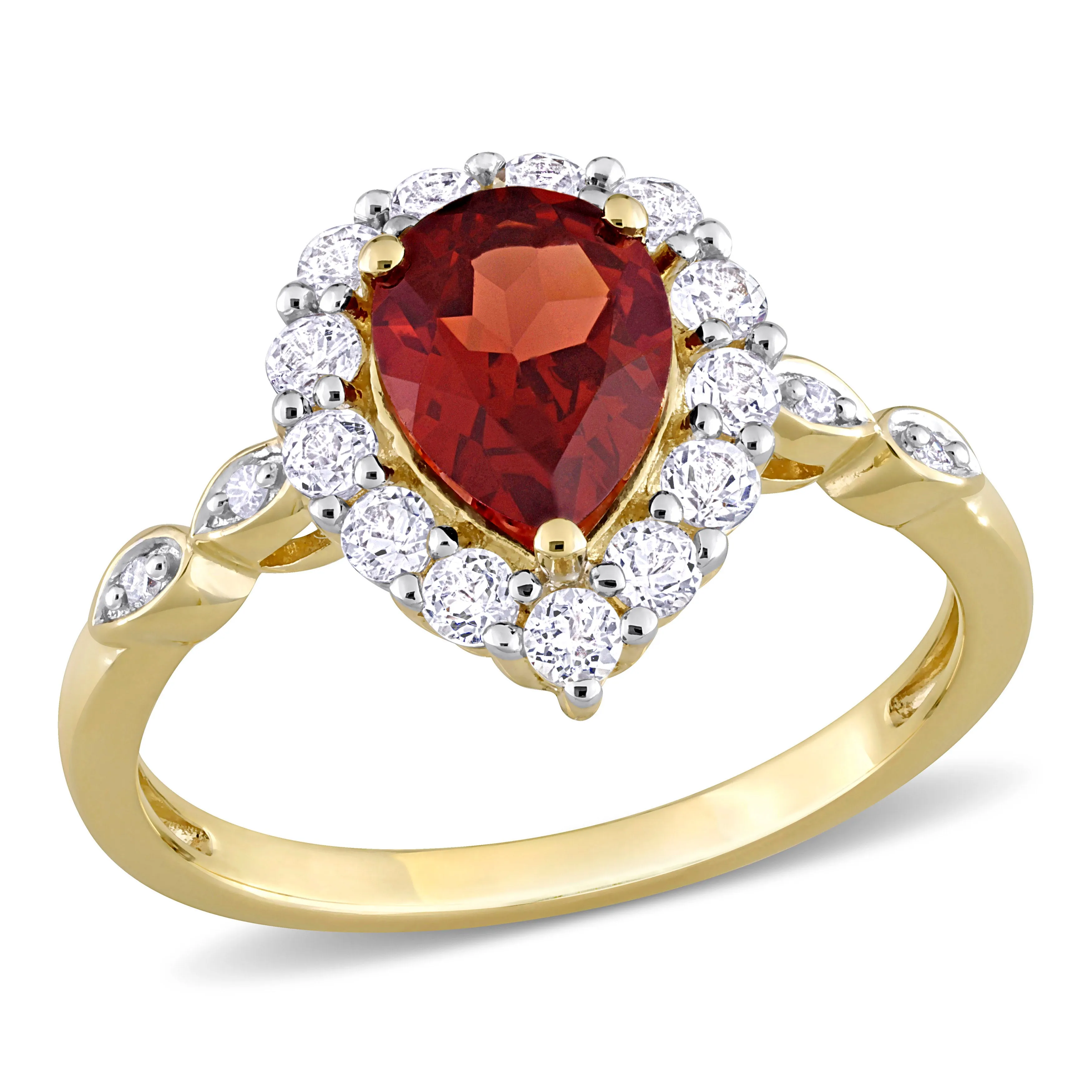 1 7/8 CT TGW Pear Shape Garnet and White Topaz and Diamond-Accent  Halo Ring in 10k Yellow Gold