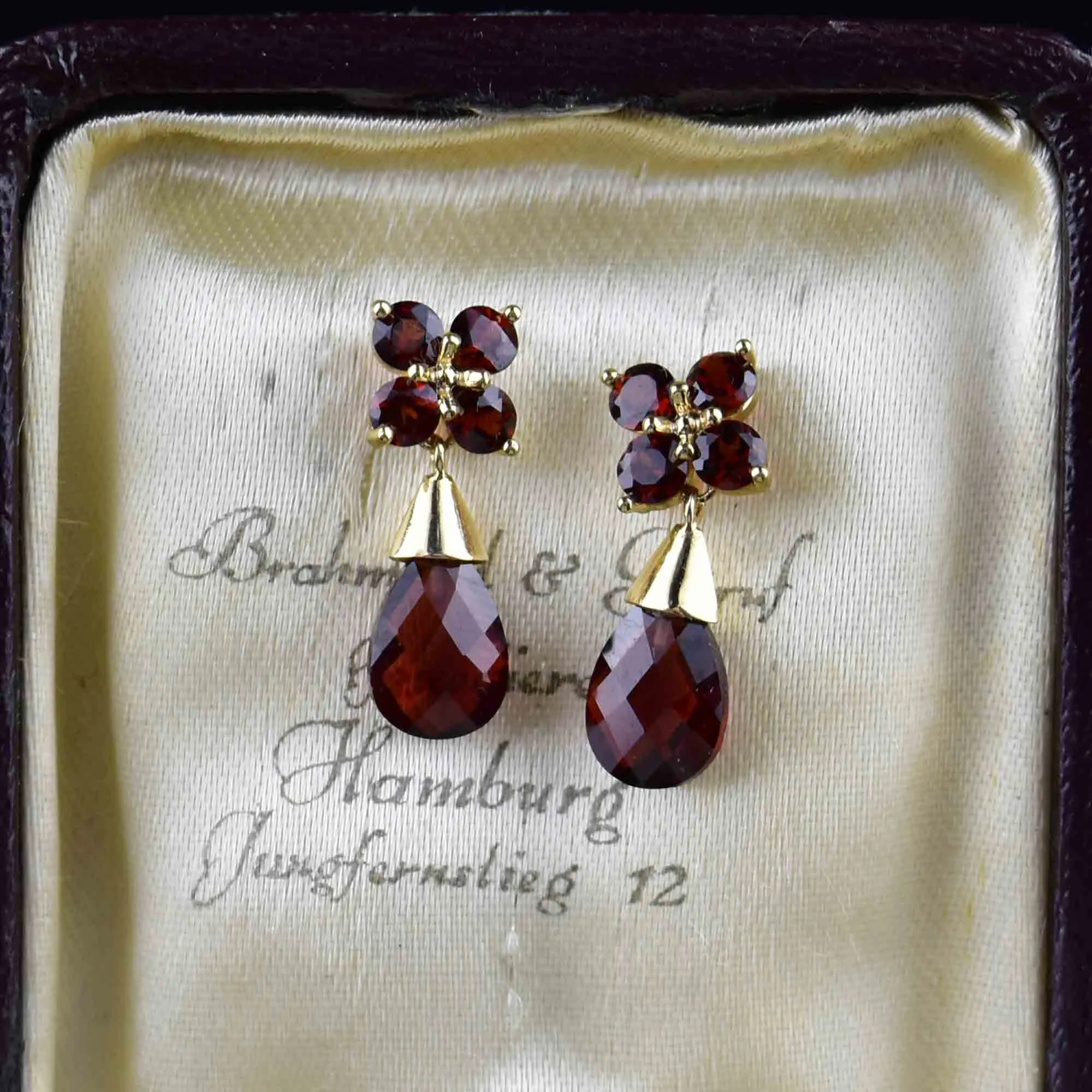 14K Gold Garnet Floral Cluster Drop Earrings