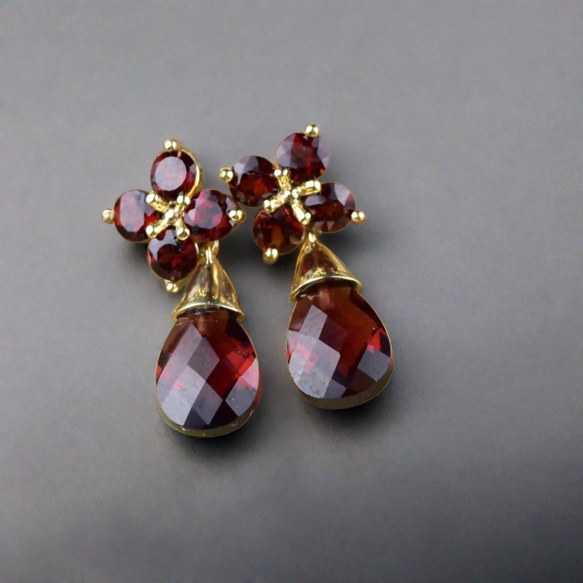 14K Gold Garnet Floral Cluster Drop Earrings