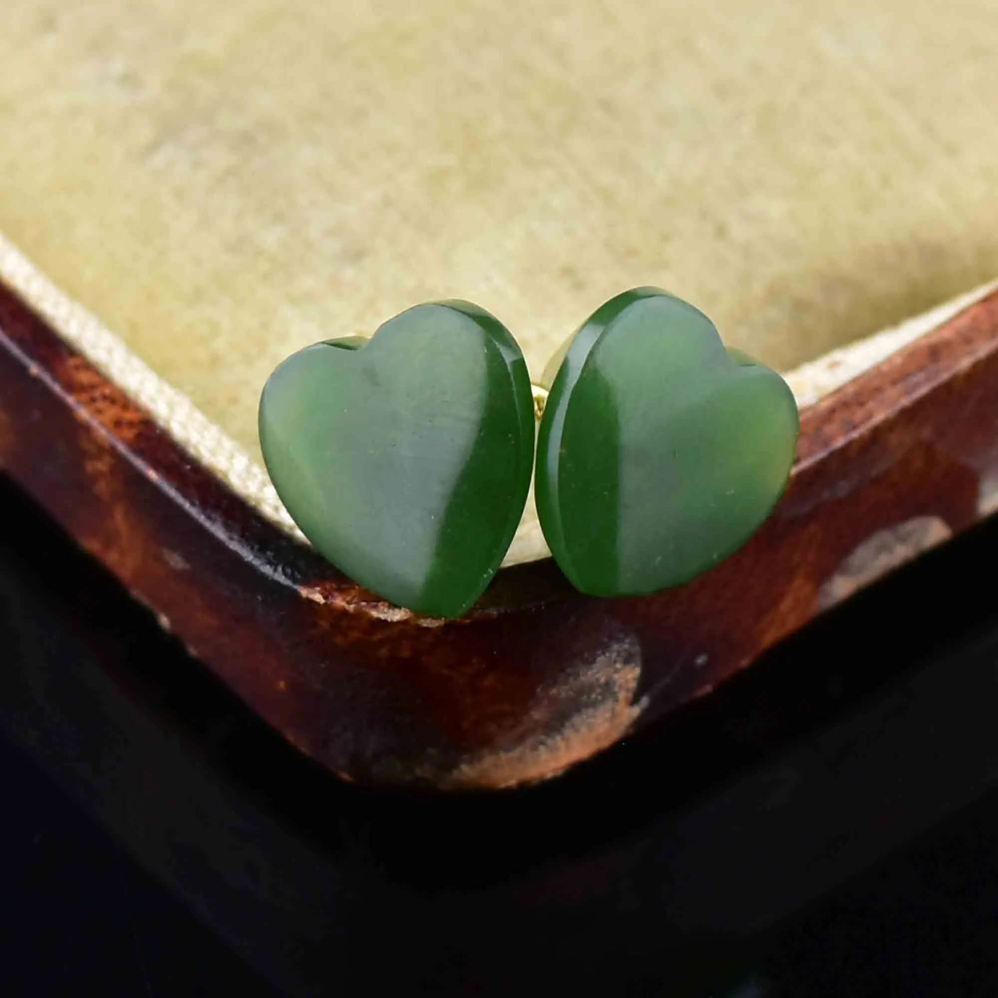 14K Gold Jade Heart Stud Earrings