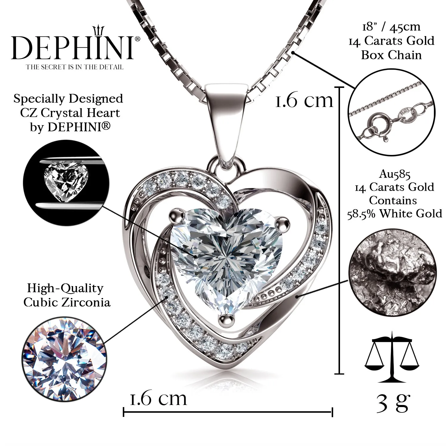 14k white gold heart necklace for women - Zirconia Crystals by DEPHINI