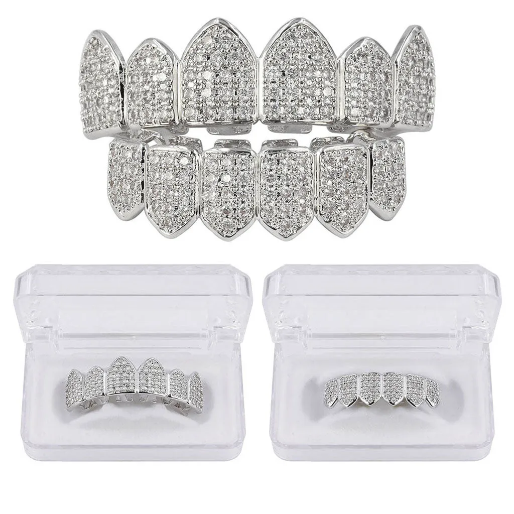 18K White Gold Iced Out Diamond Grillz Set