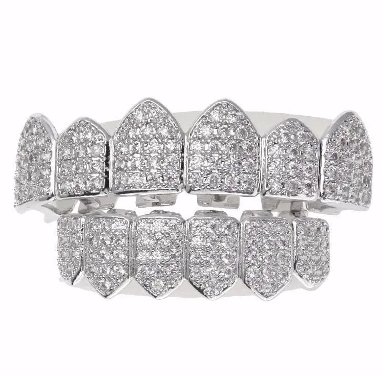 18K White Gold Iced Out Diamond Grillz Set