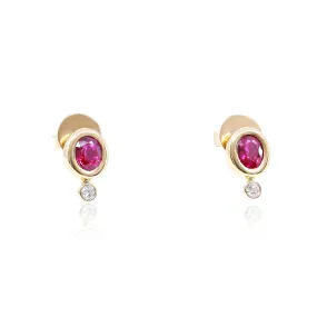 18K YELLOW GOLD BEZEL SET RUBY AND DIAMOND DROP EARRINGS