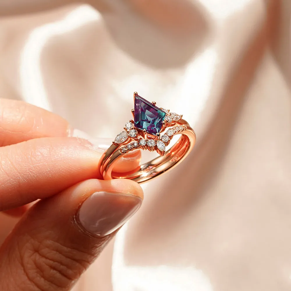 2 CT. Art Deco Kite Cut Alexandrite Engagement Ring Set With Moissanite Accents