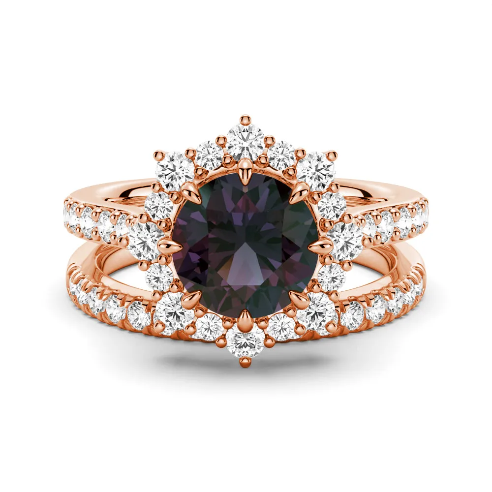 2 CT. Art Deco Vintage Round Alexandrite Engagement Ring Set With Moissanite Halo Pavé