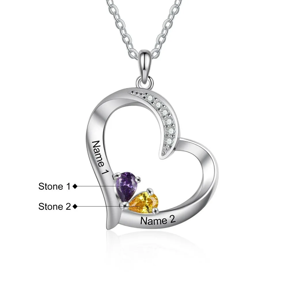 2 Names And 2 Stones Engraving Heart-Shaped Pendant