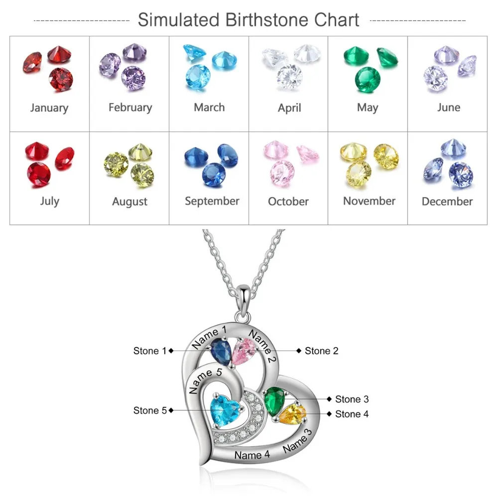 5 Names And 5 Stones Engraving Heart-Shaped Pendant