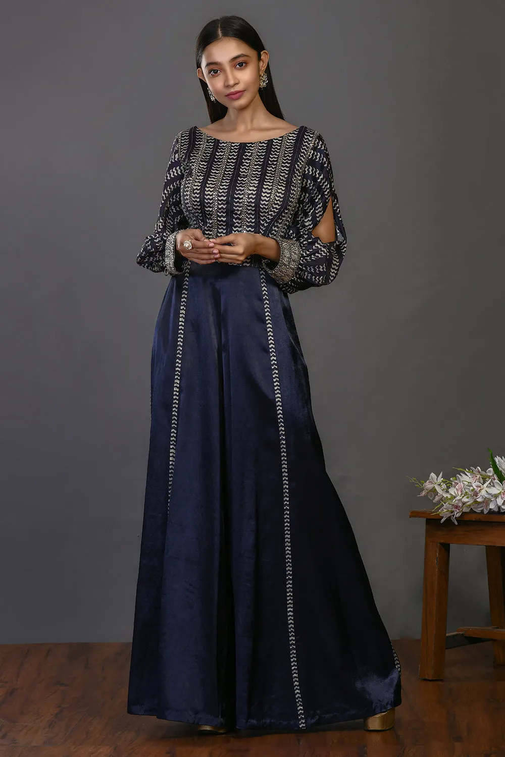 50Z395-RO Dark Blue Designer Jumpsuit with Embroidered Bodice