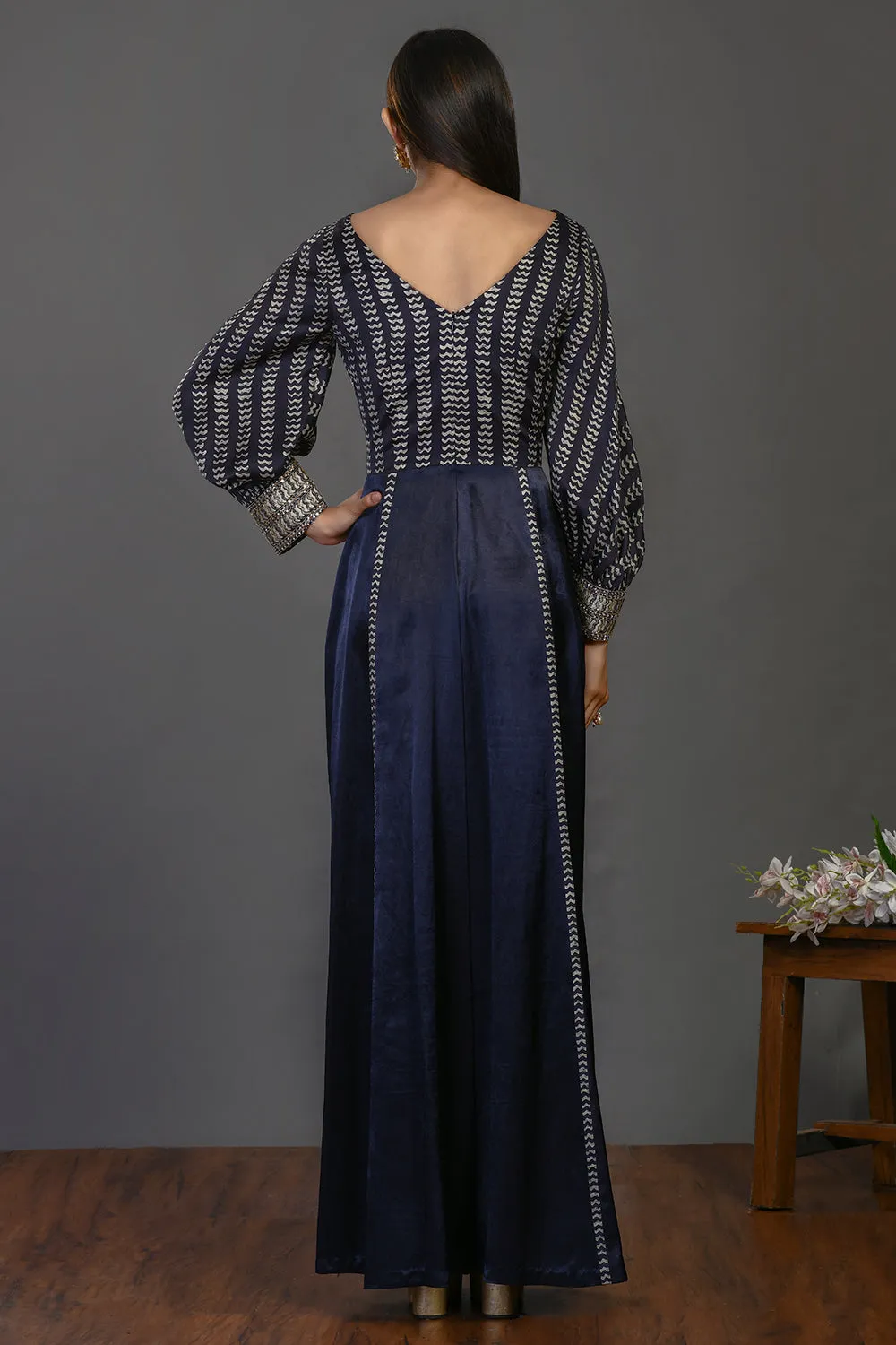 50Z395-RO Dark Blue Designer Jumpsuit with Embroidered Bodice