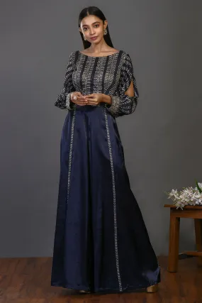 50Z395-RO Dark Blue Designer Jumpsuit with Embroidered Bodice