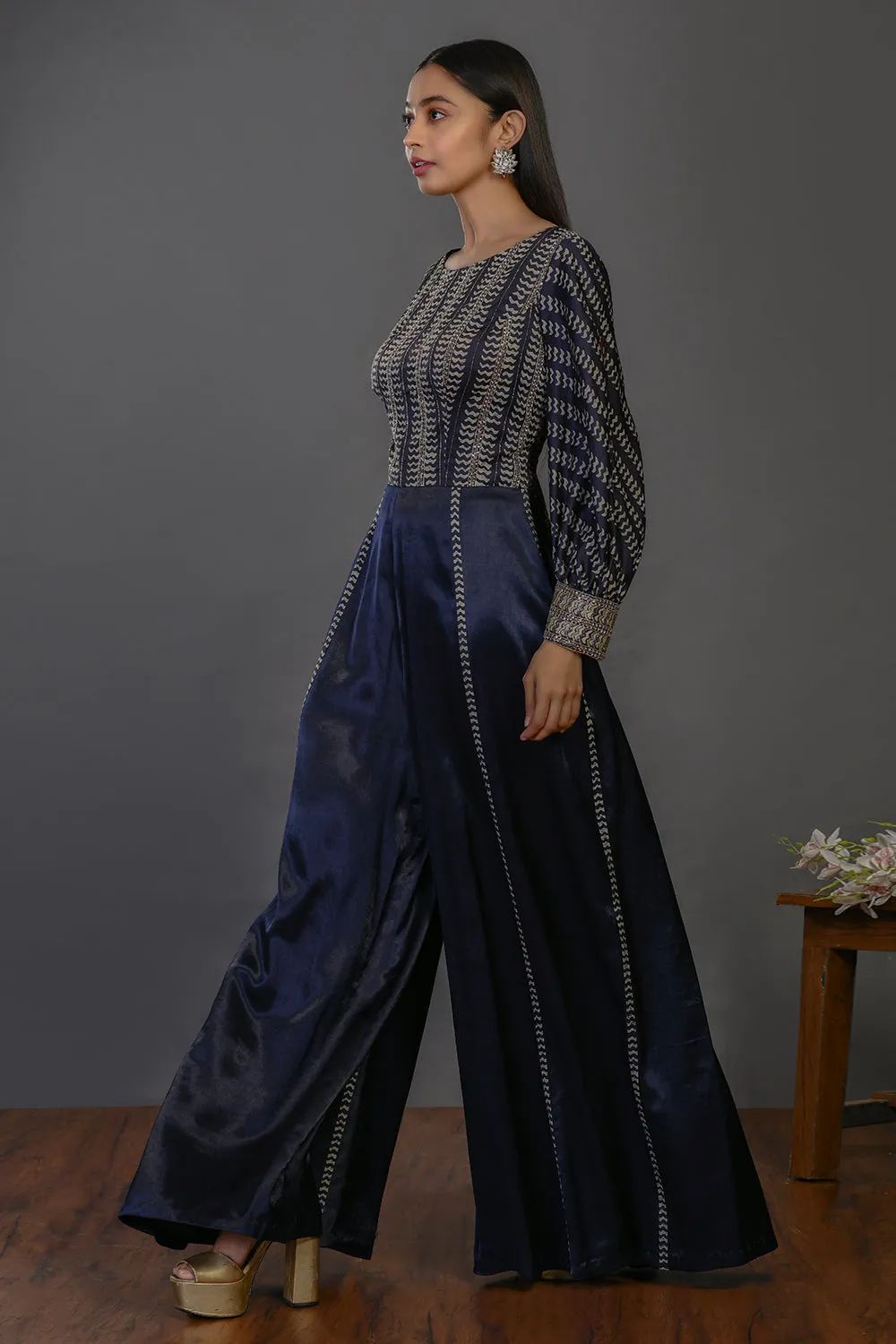 50Z395-RO Dark Blue Designer Jumpsuit with Embroidered Bodice