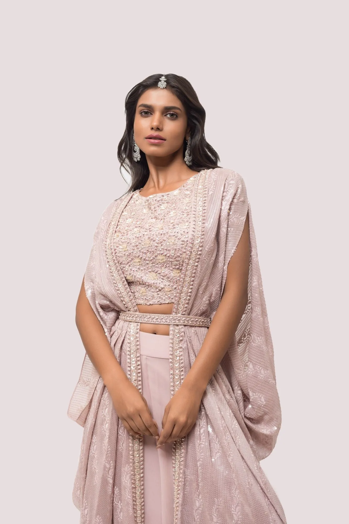 50Z947-RO Mauve Embellished Palazzo Set with Cape