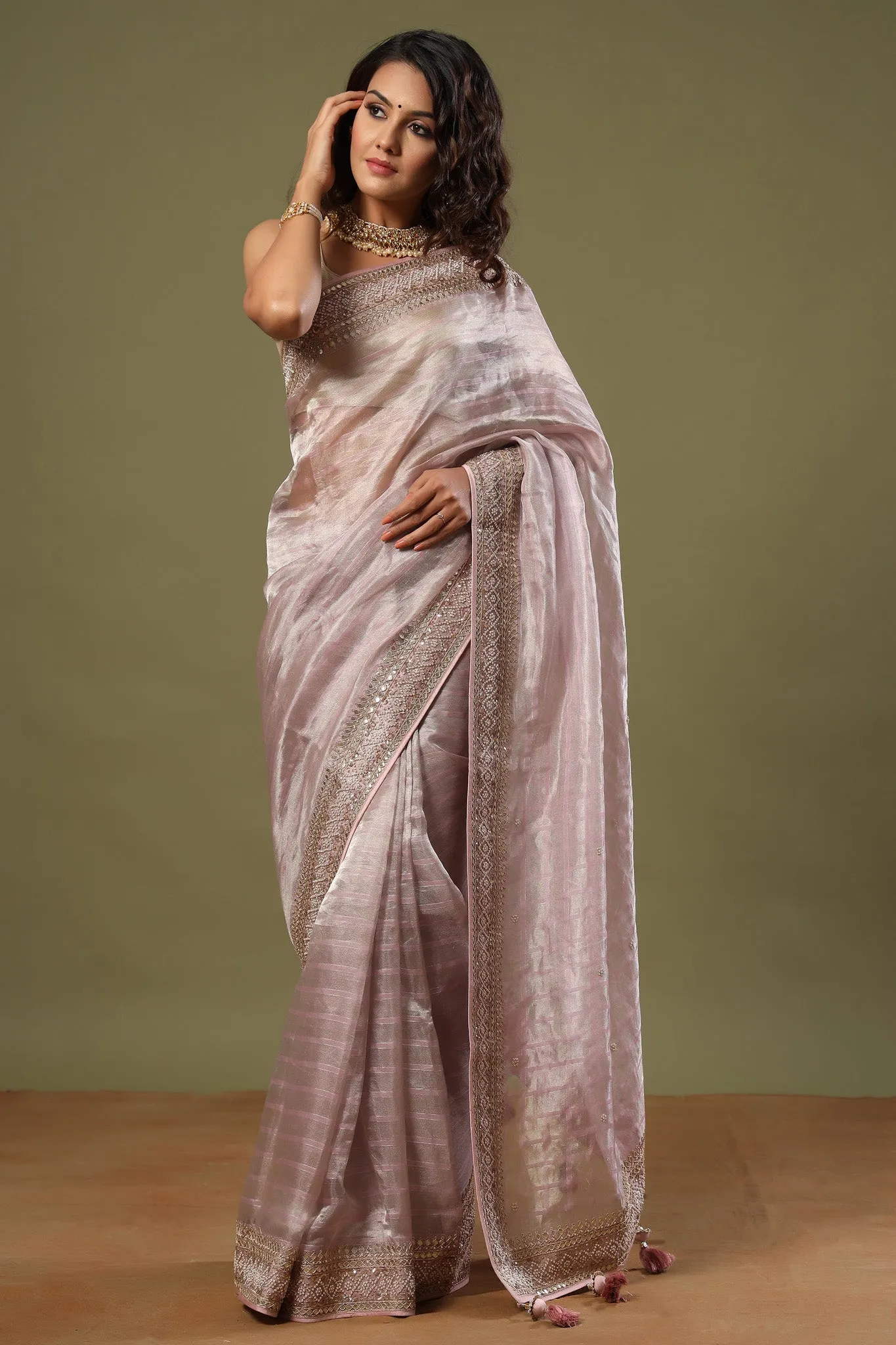 90Z525-NRO Lilac Tissue Silk Saree with Embroidered Border