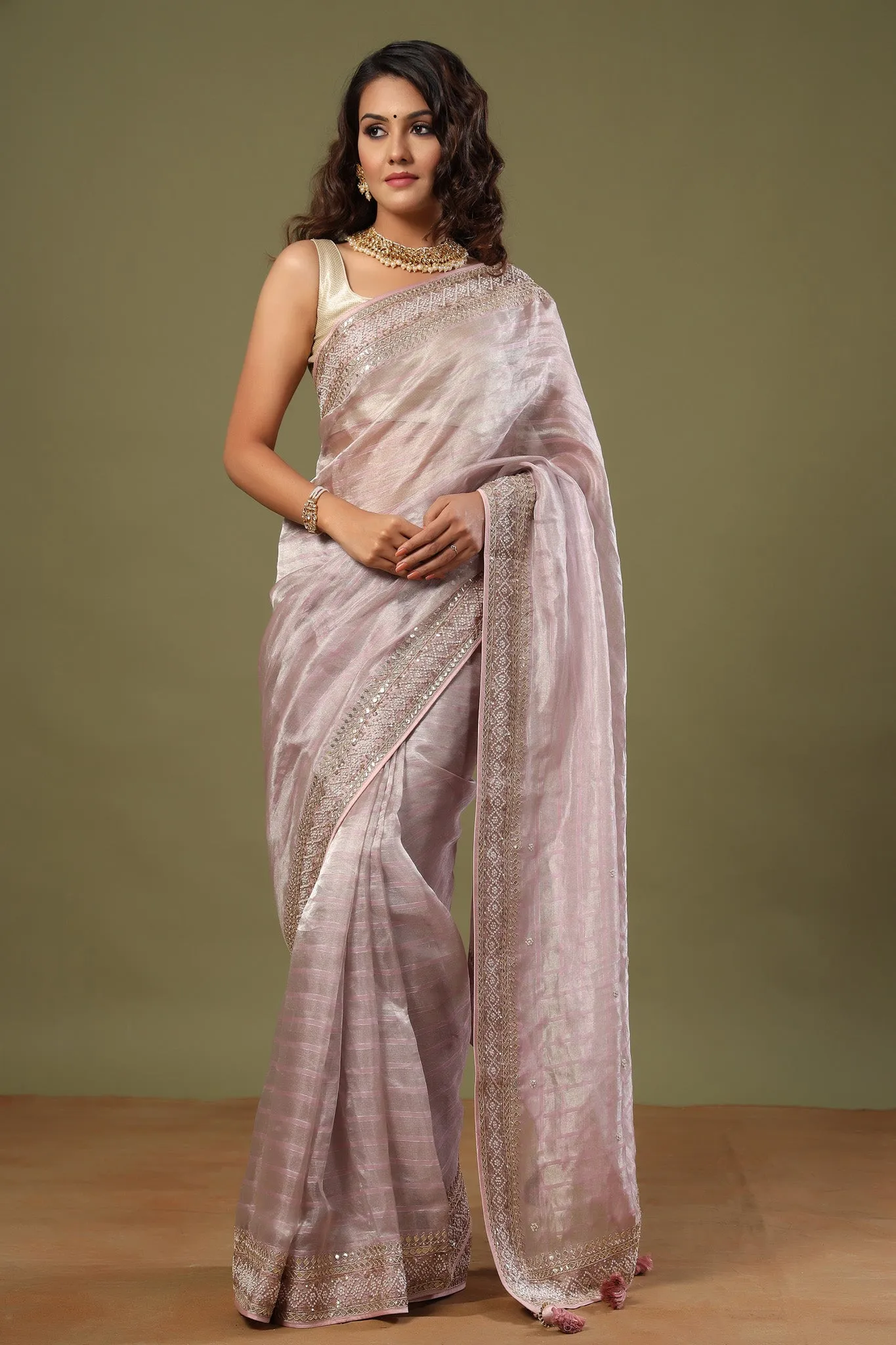 90Z525-NRO Lilac Tissue Silk Saree with Embroidered Border