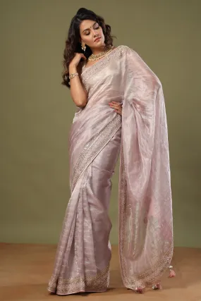 90Z525-NRO Lilac Tissue Silk Saree with Embroidered Border