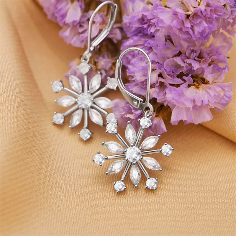 925 Sterling Silver CZ Snowflake Leverback Earrings Ring White/Blue Snowflake Jewelry