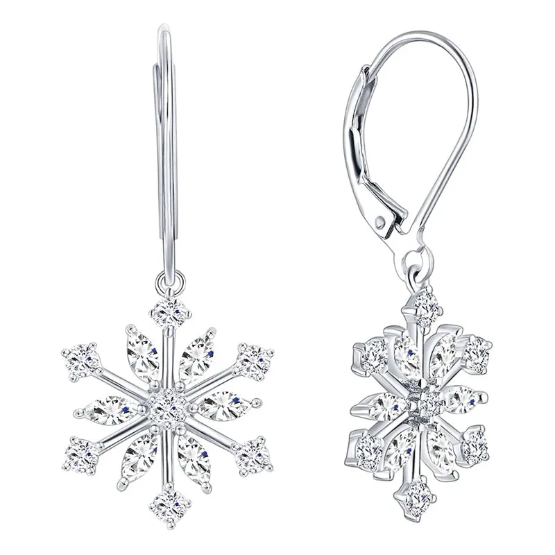 925 Sterling Silver CZ Snowflake Leverback Earrings Ring White/Blue Snowflake Jewelry