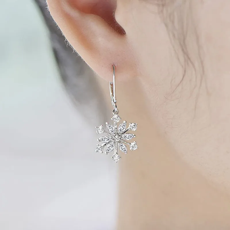 925 Sterling Silver CZ Snowflake Leverback Earrings Ring White/Blue Snowflake Jewelry