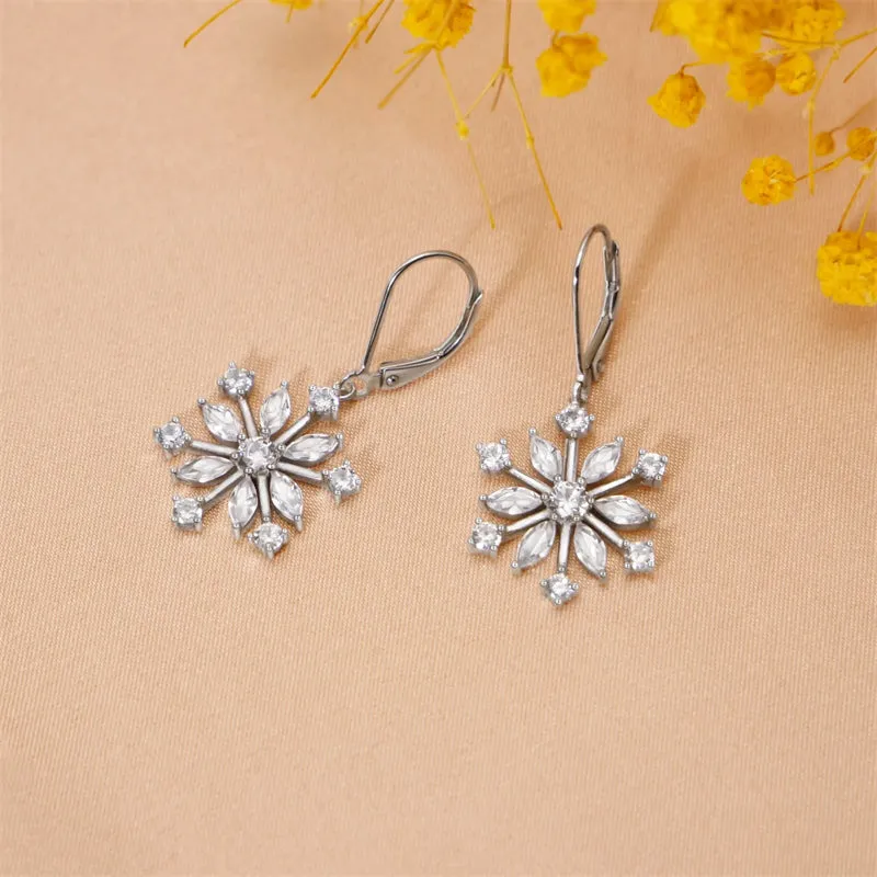 925 Sterling Silver CZ Snowflake Leverback Earrings Ring White/Blue Snowflake Jewelry