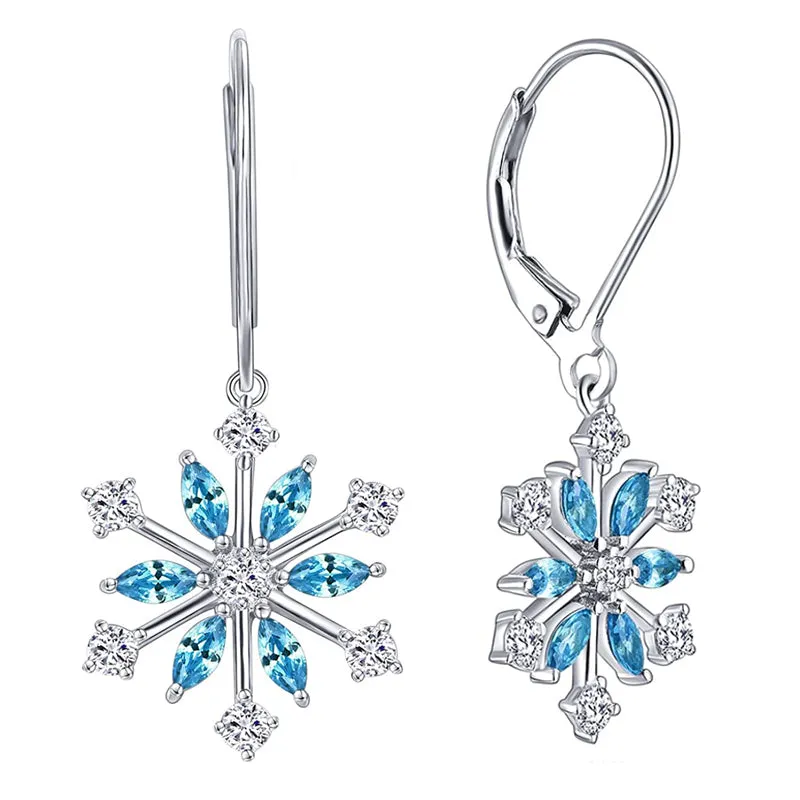 925 Sterling Silver CZ Snowflake Leverback Earrings Ring White/Blue Snowflake Jewelry