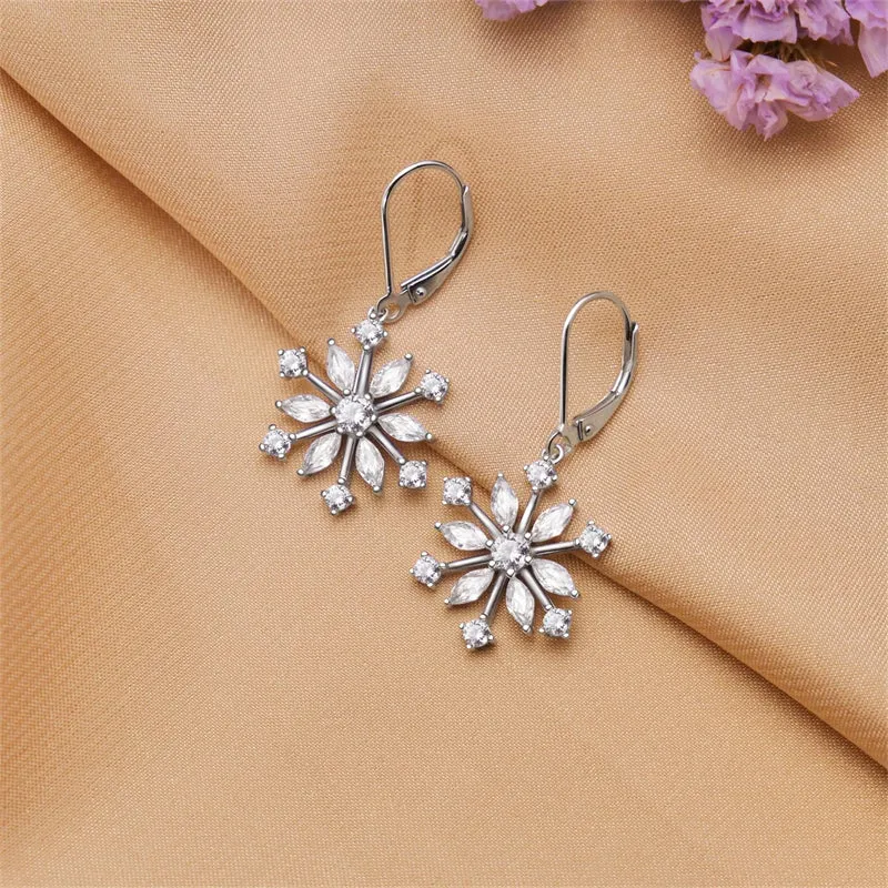 925 Sterling Silver CZ Snowflake Leverback Earrings Ring White/Blue Snowflake Jewelry