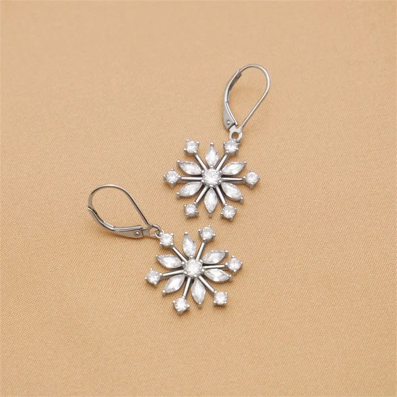 925 Sterling Silver CZ Snowflake Leverback Earrings Ring White/Blue Snowflake Jewelry