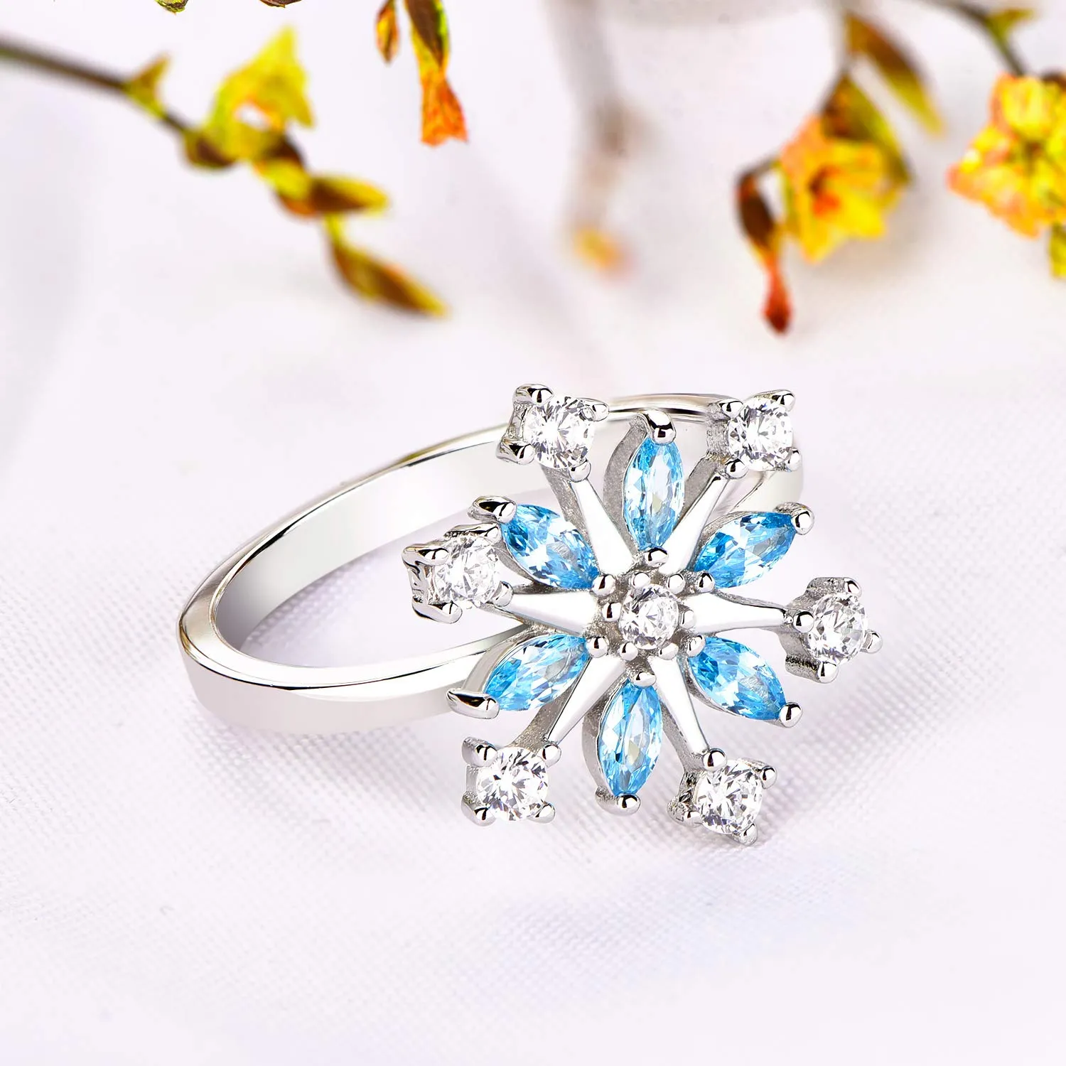 925 Sterling Silver CZ Snowflake Leverback Earrings Ring White/Blue Snowflake Jewelry