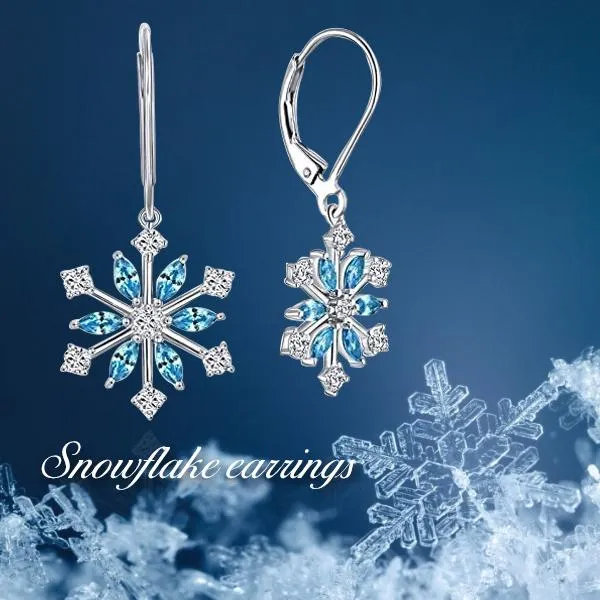 925 Sterling Silver CZ Snowflake Leverback Earrings Ring White/Blue Snowflake Jewelry