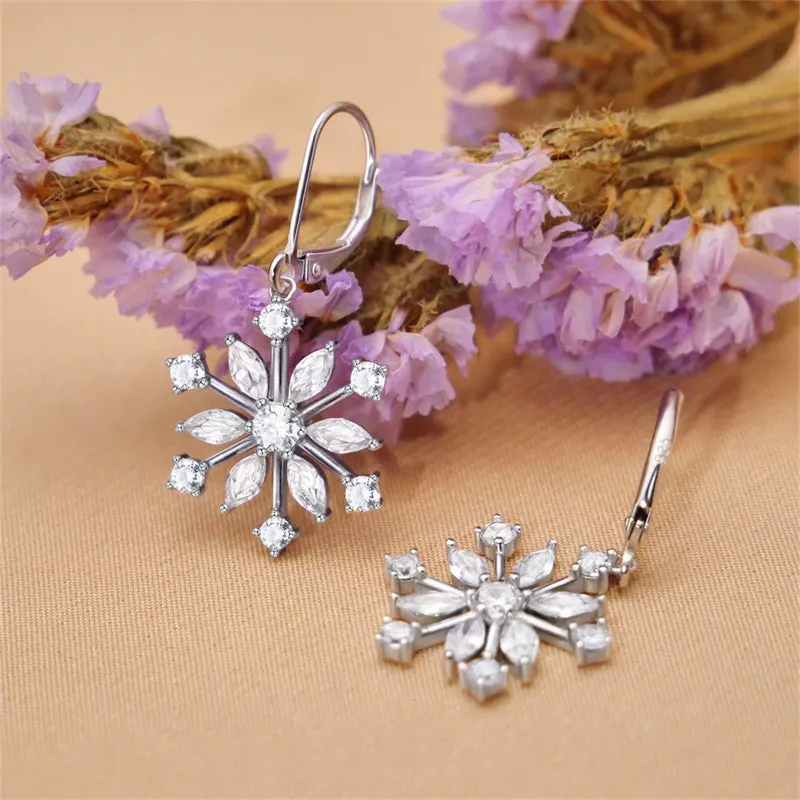 925 Sterling Silver CZ Snowflake Leverback Earrings Ring White/Blue Snowflake Jewelry