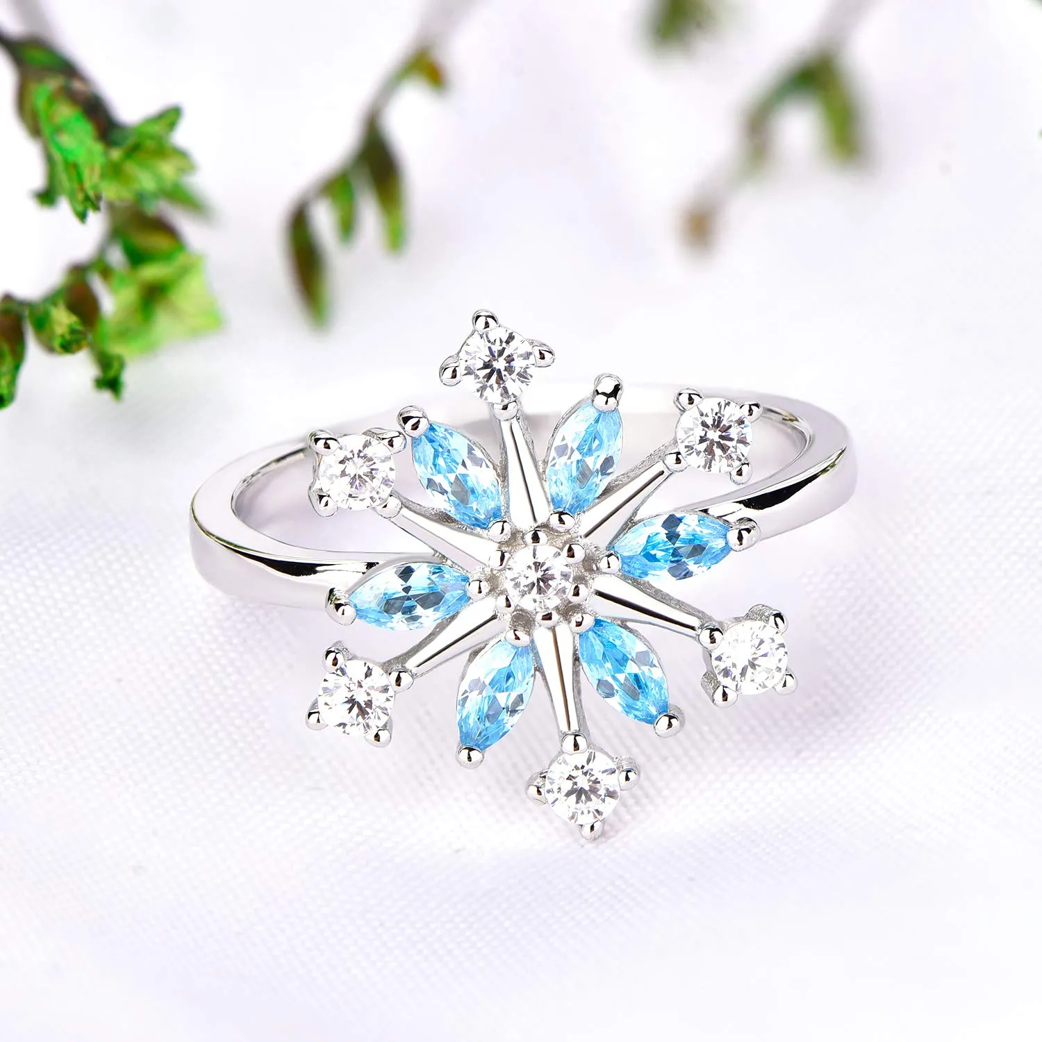 925 Sterling Silver CZ Snowflake Leverback Earrings Ring White/Blue Snowflake Jewelry