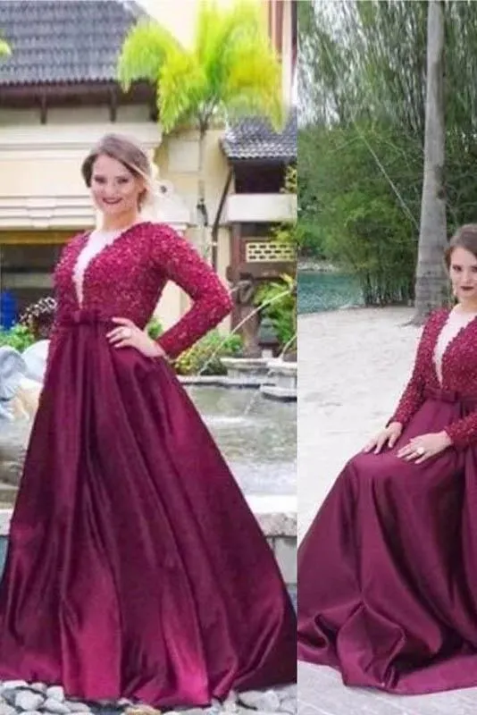 A Line V Neck Long Sleeves Beading Sweep Train Satin Plus Size Prom Dresses