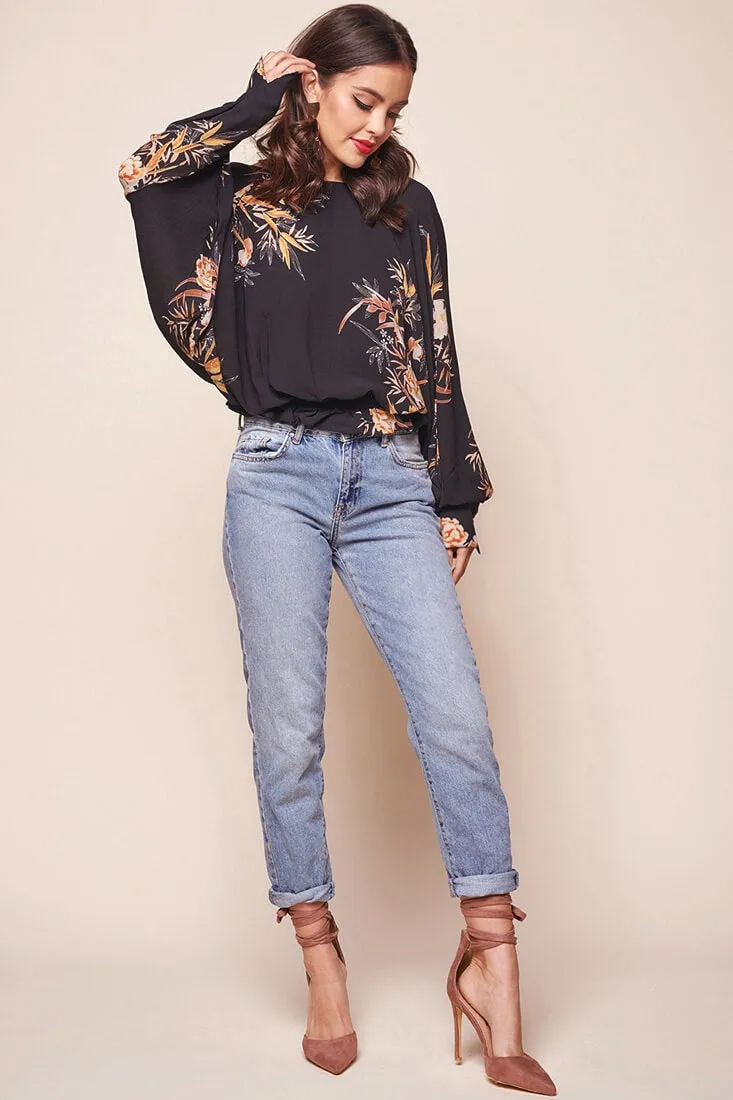 Alejandra Floral Print Bat Sleeve Top Black