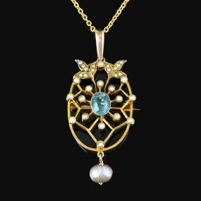 Antique Baroque Pearl Blue Tourmaline Pendant Brooch