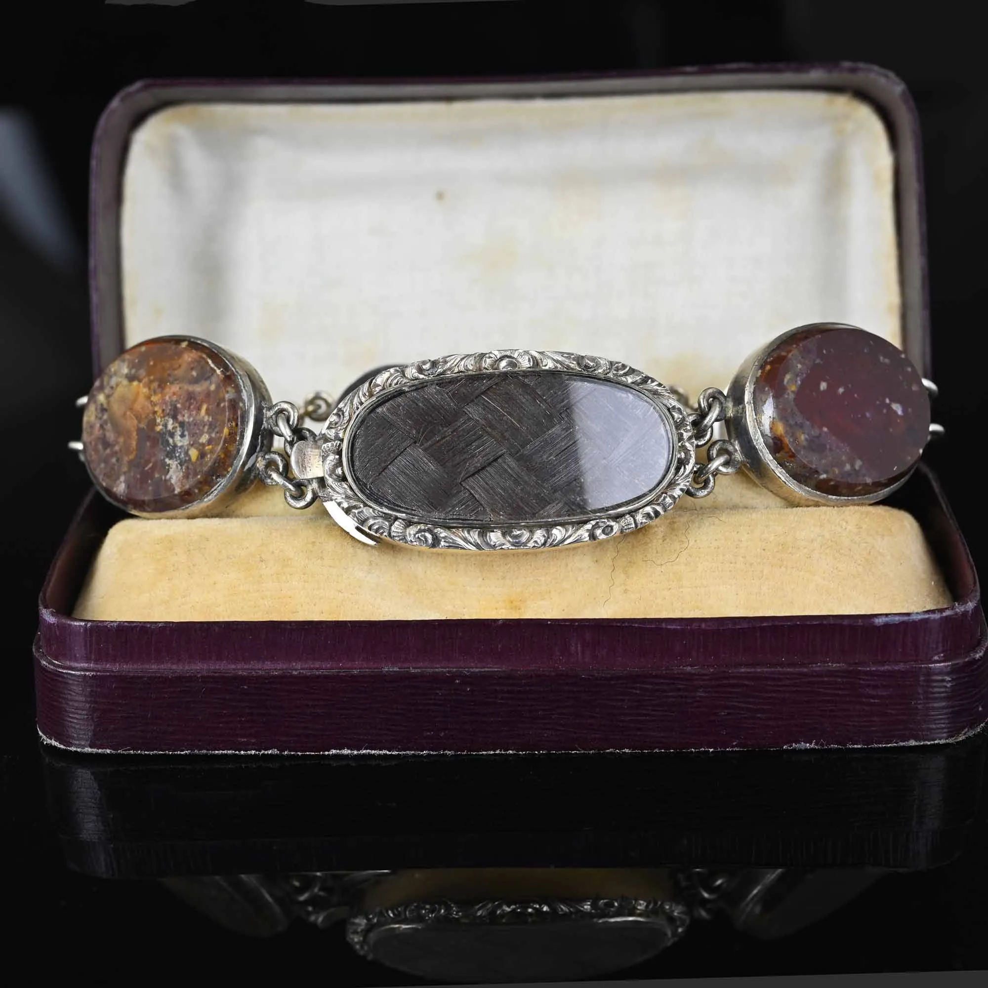 Antique Silver Scottish Agate Locket Bracelet, Mourning Jewelry