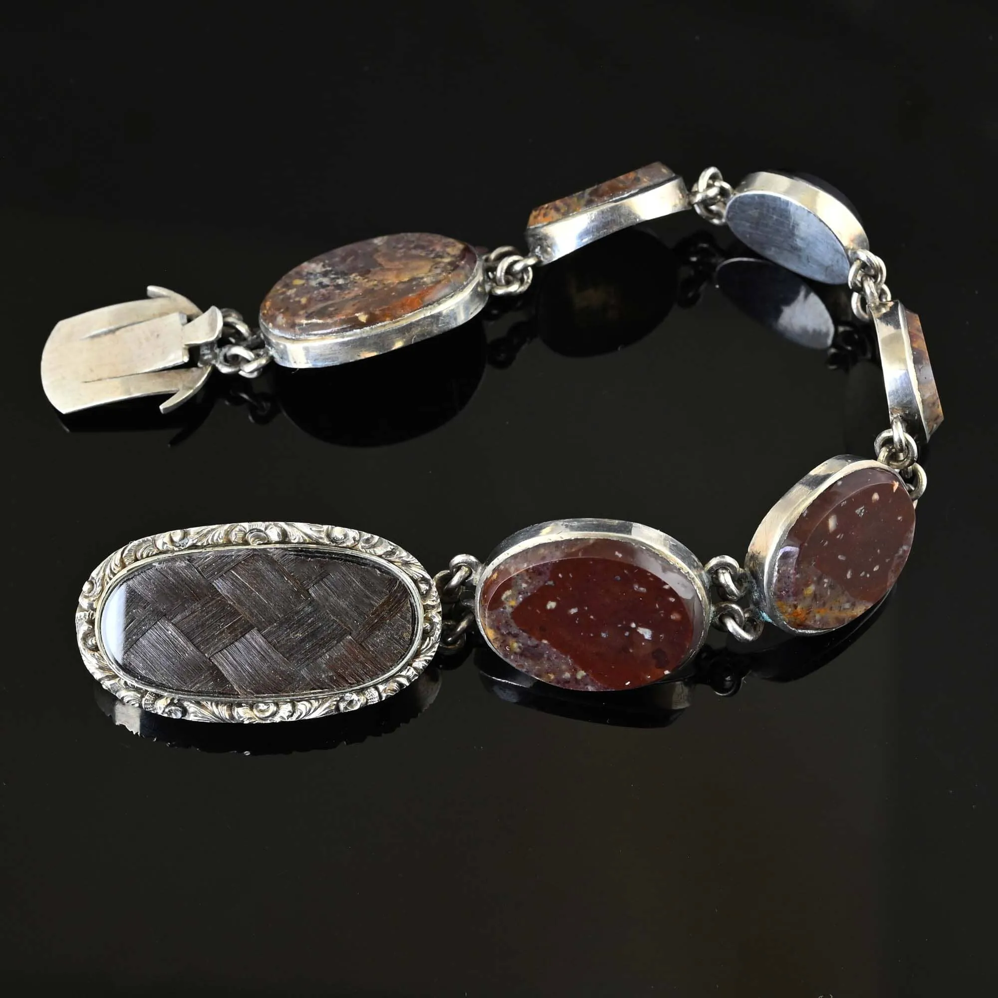 Antique Silver Scottish Agate Locket Bracelet, Mourning Jewelry