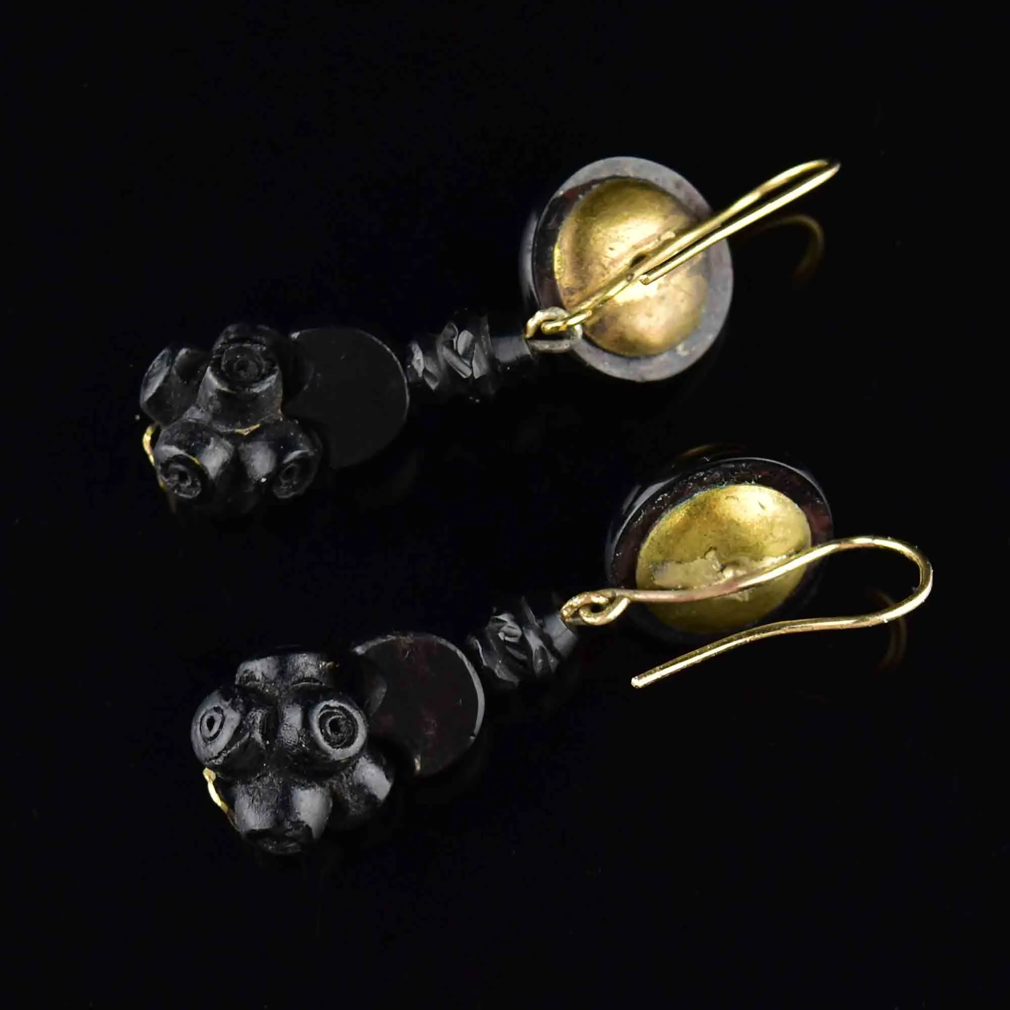 Antique Victorian Forget Me Not Whitby Jet Earrings