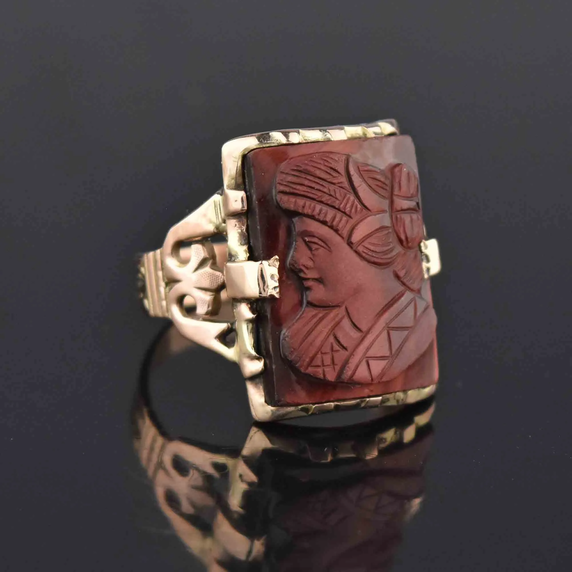 Antique Victorian Goddess Hera Tiger Eye Cameo Ring, Sz 9