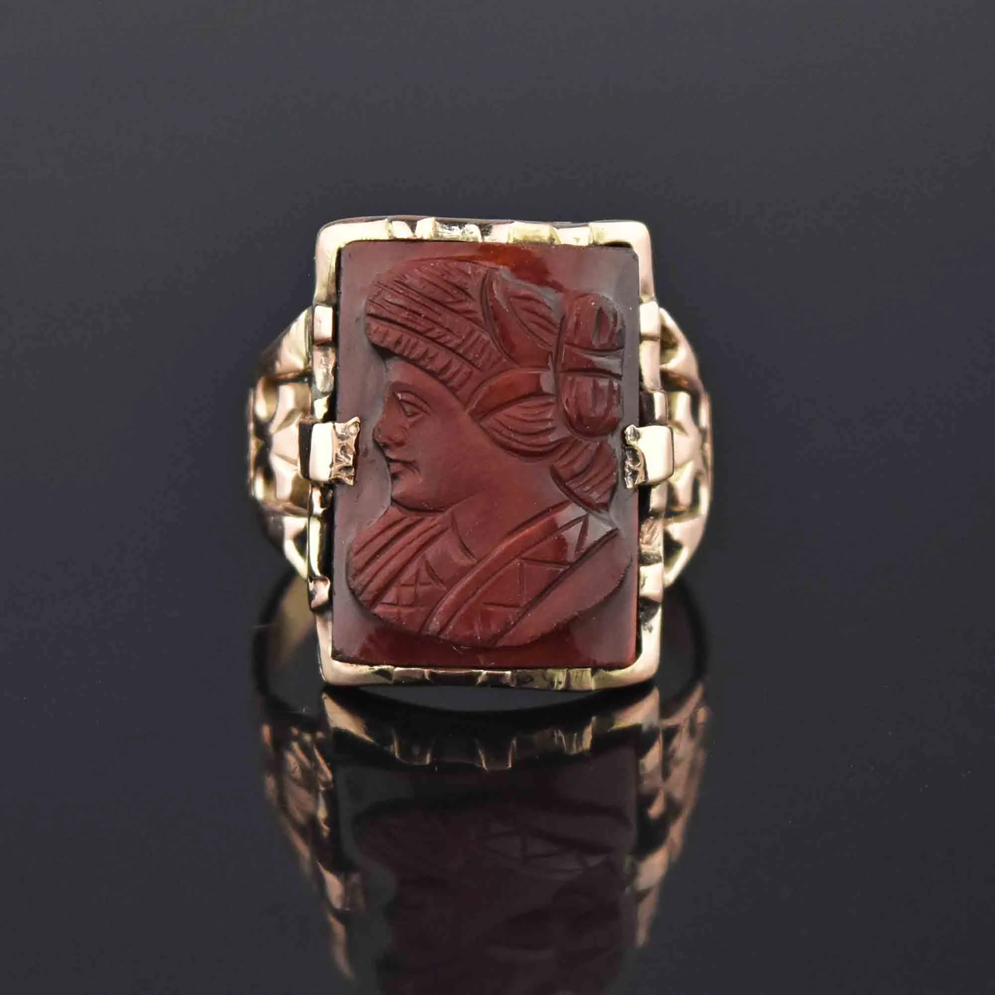 Antique Victorian Goddess Hera Tiger Eye Cameo Ring, Sz 9