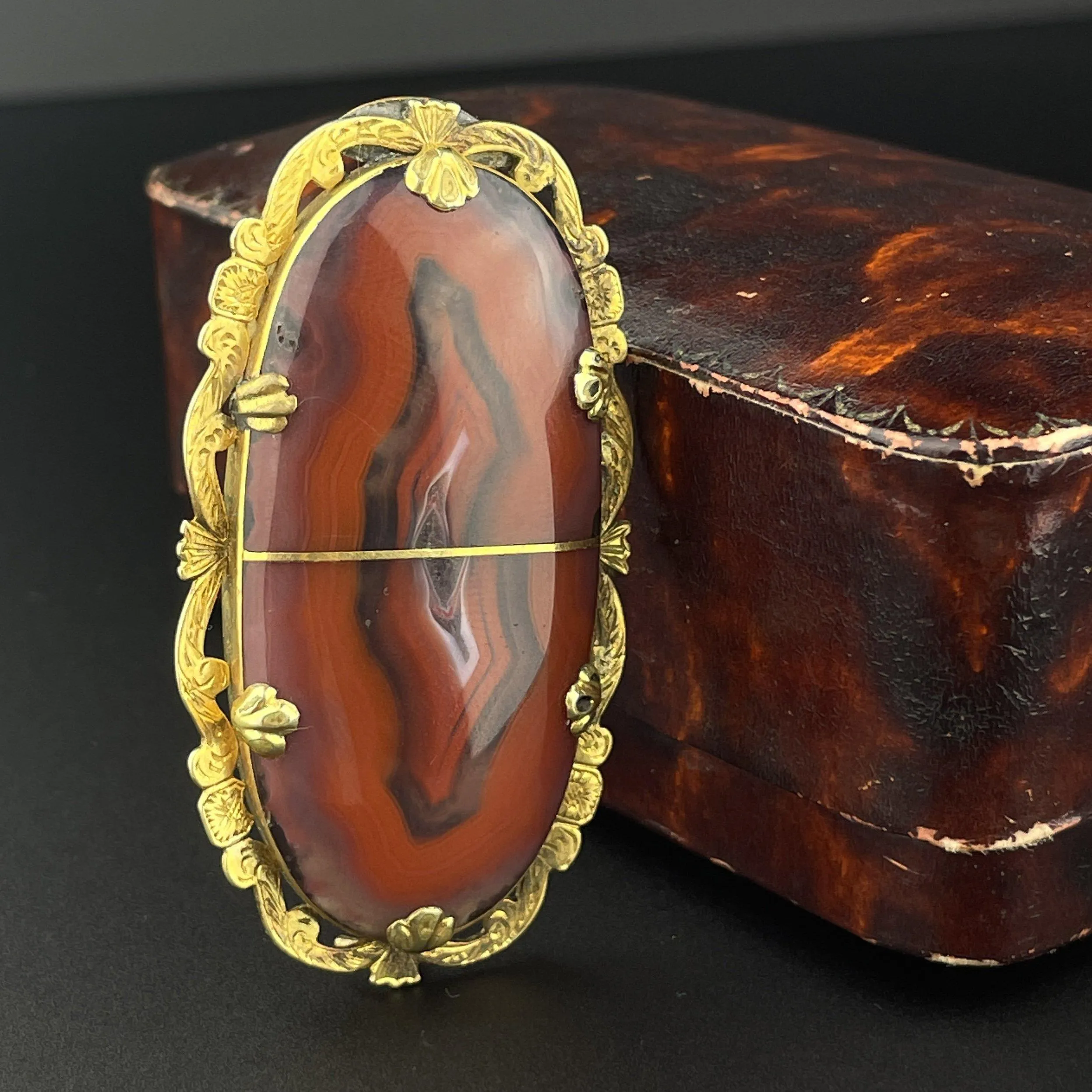 Antique Victorian Large Picture Red Agate Gold Brooch