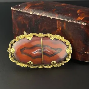 Antique Victorian Large Picture Red Agate Gold Brooch