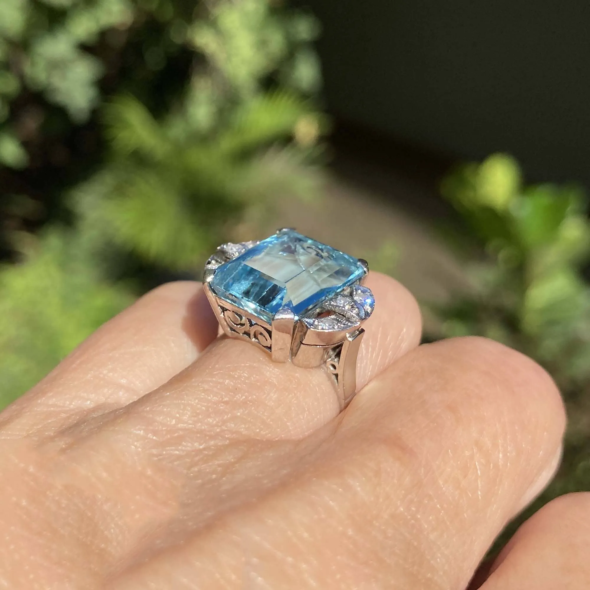 Art Deco Platinum Diamond Aquamarine Ring