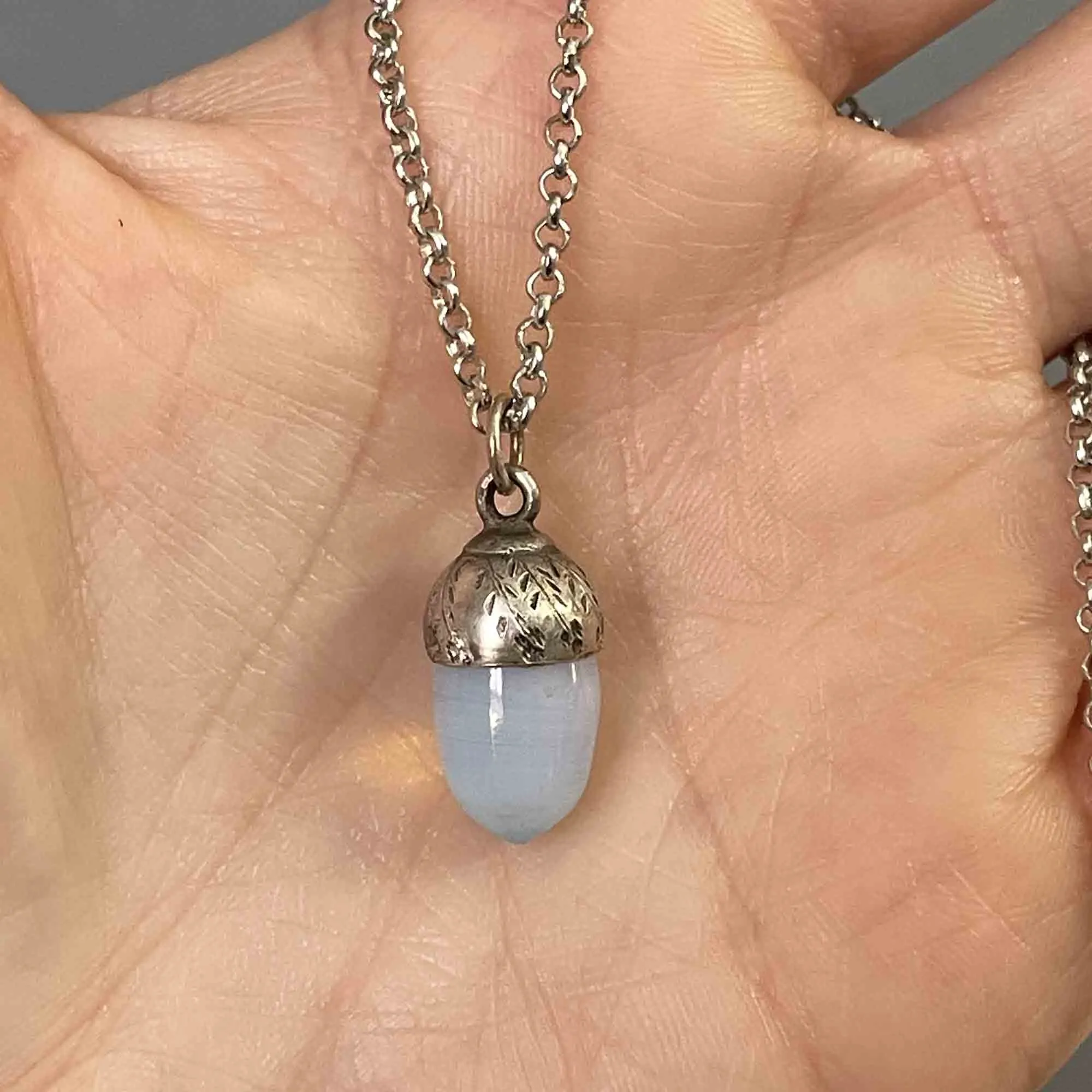 Arts and Crafts Carved Silver Opaline Acorn Pendant Necklace