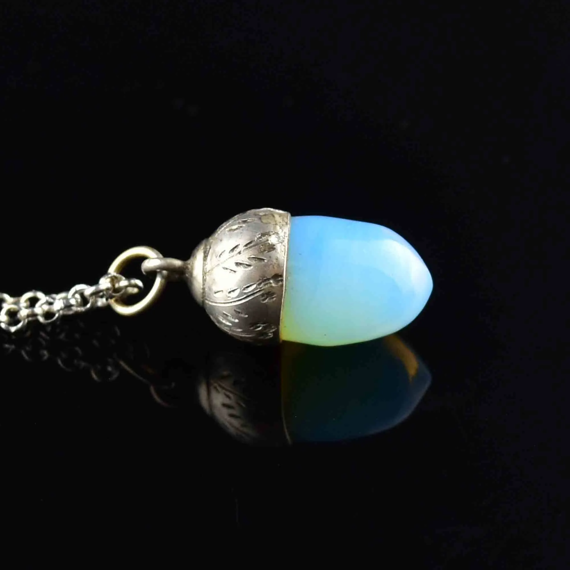 Arts and Crafts Carved Silver Opaline Acorn Pendant Necklace