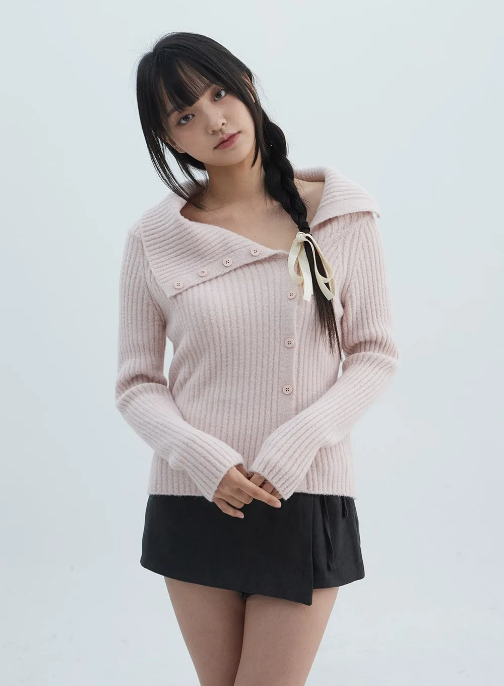 Asymmetrical Button Open Collar Knit Sweater ON313