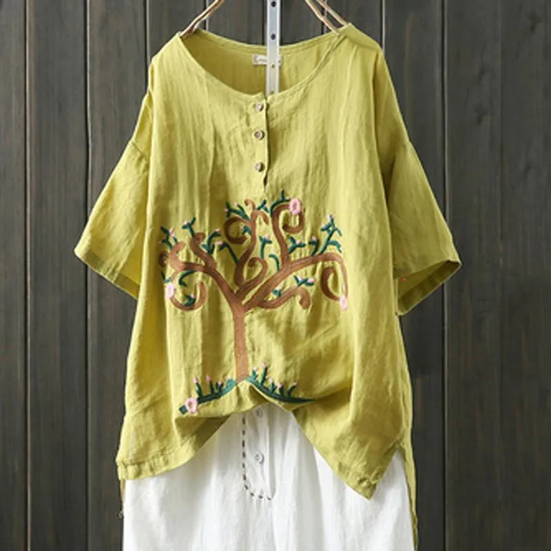 Babakud Embroidered Button Front High Low Linen Blouse