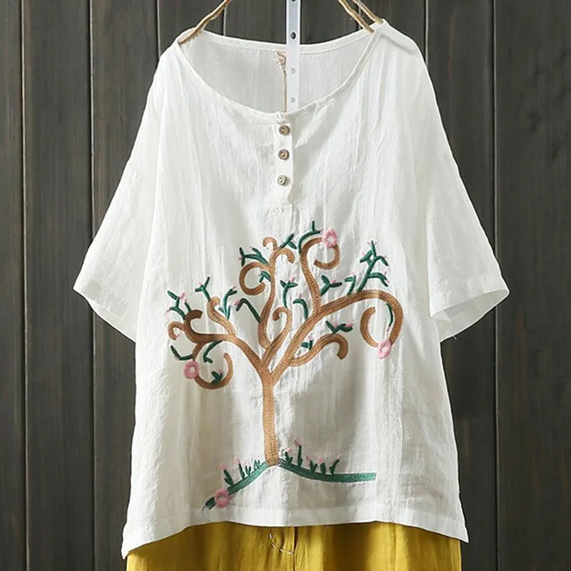 Babakud Embroidered Button Front High Low Linen Blouse