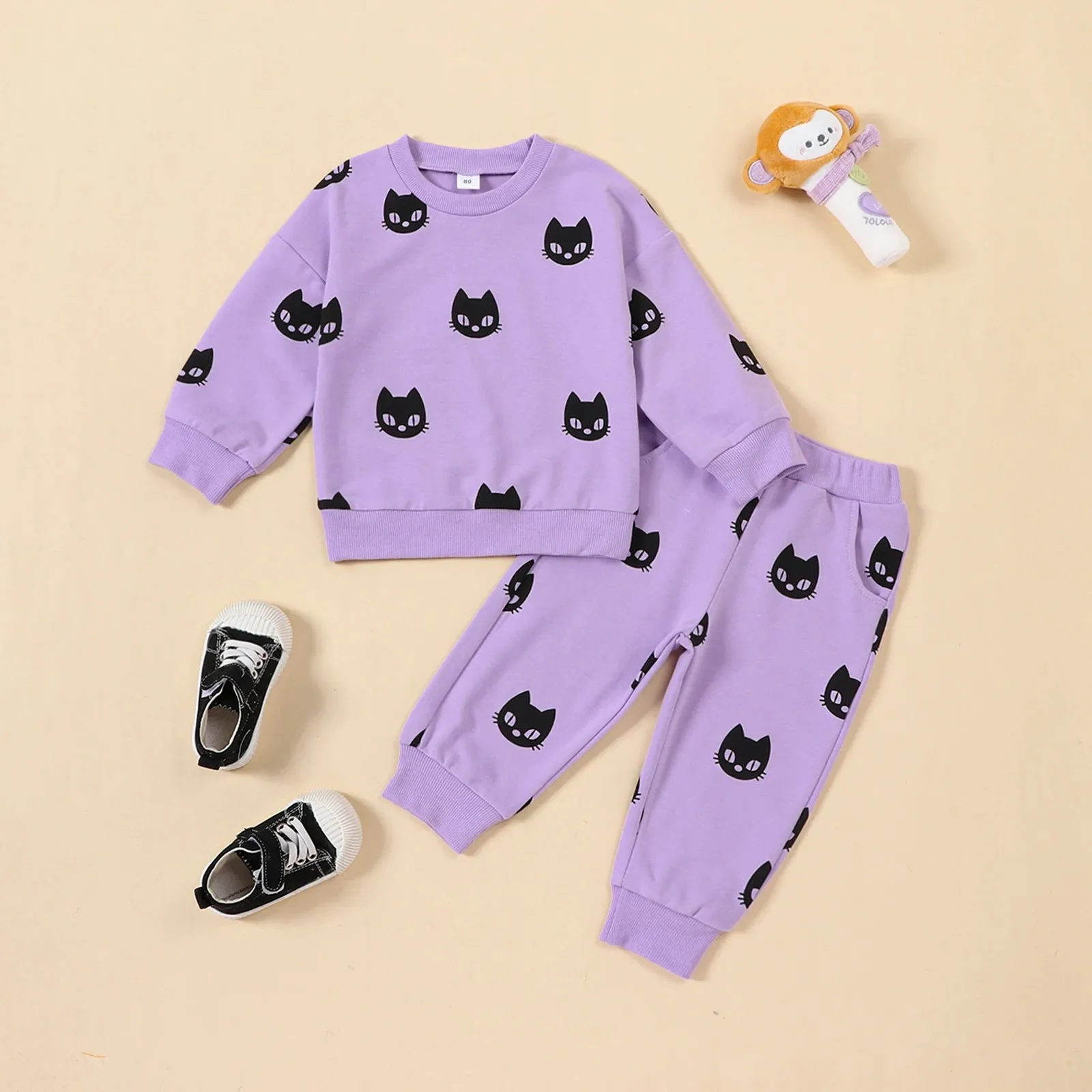 Baby Girls Halloween Purple Black Cat Loungewear Outfit