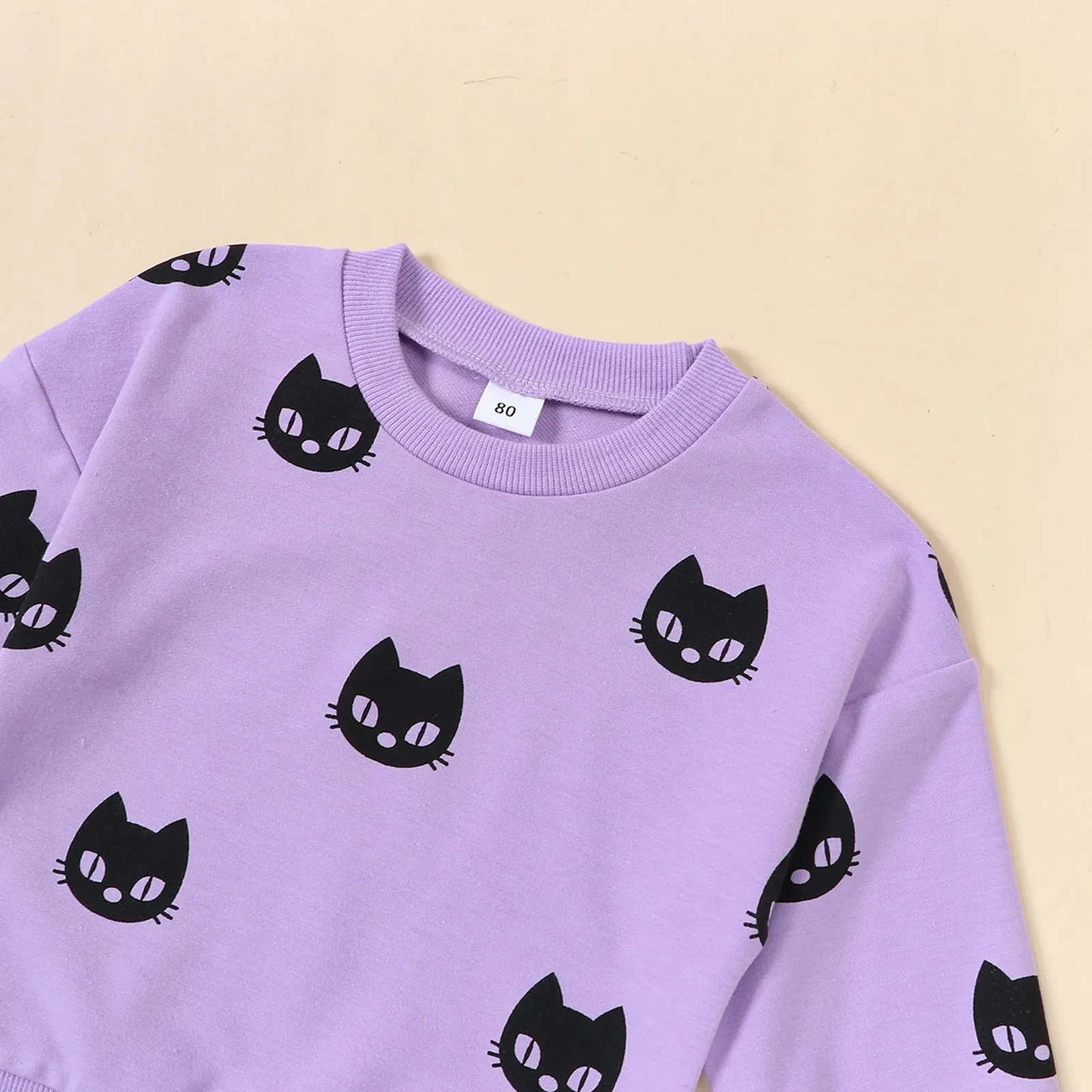 Baby Girls Halloween Purple Black Cat Loungewear Outfit