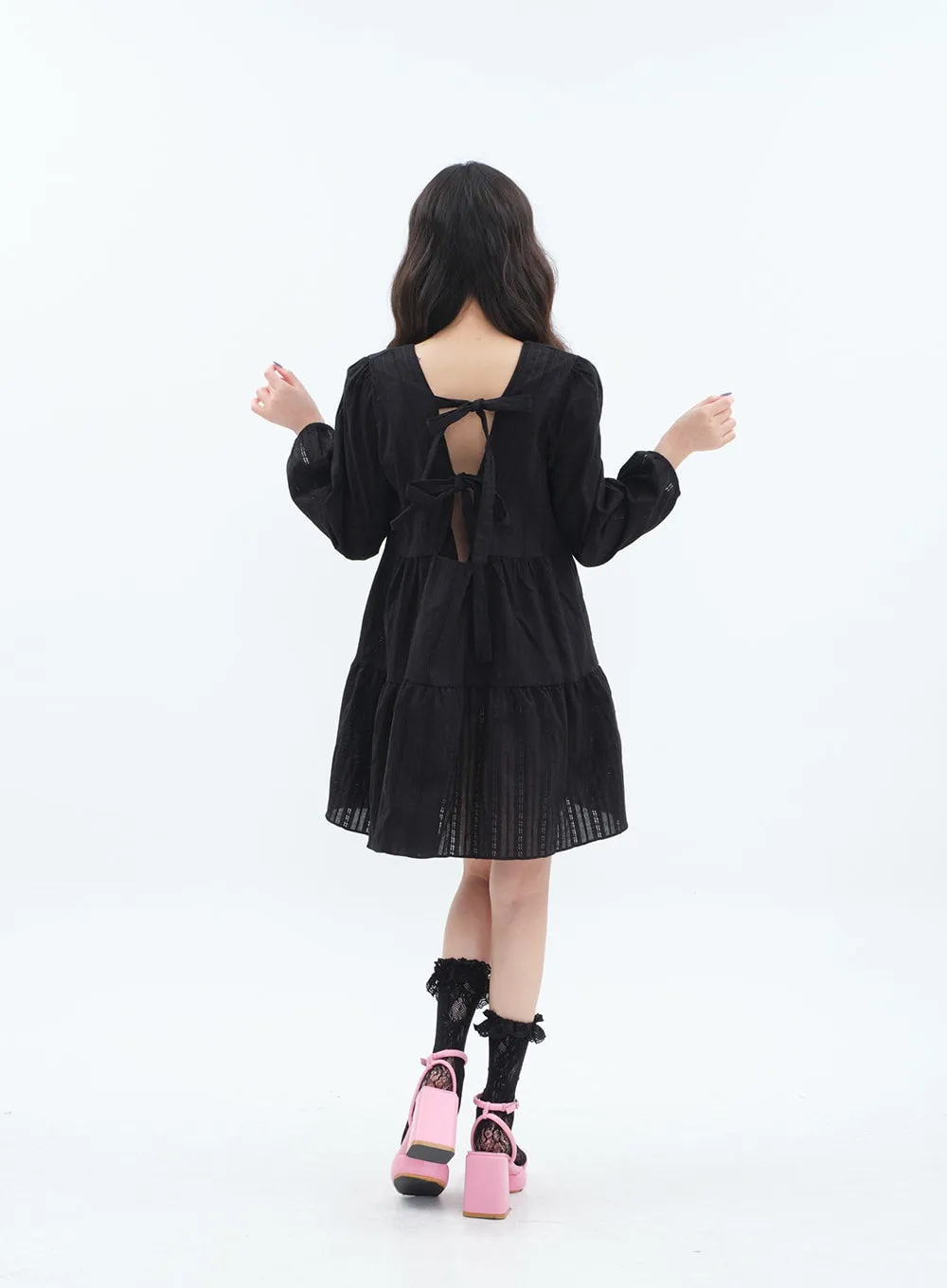 Back Ribbon Tiered Flared Mini Dress BA29